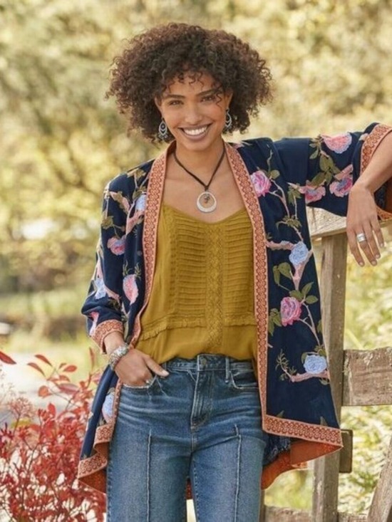 Sundance Sweaters - Sundance Tolani Rare Romance Blooms Embroidered Kimono Jacket Navy Pink Floral S
